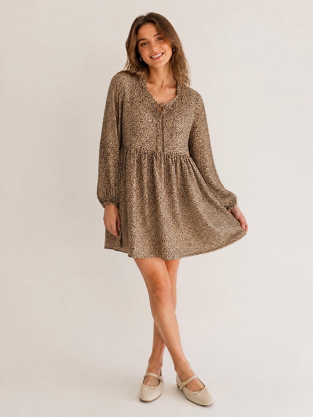 SHEIN Tan Animal Print V-Neck Long Sleeve Mini Dress with Tie